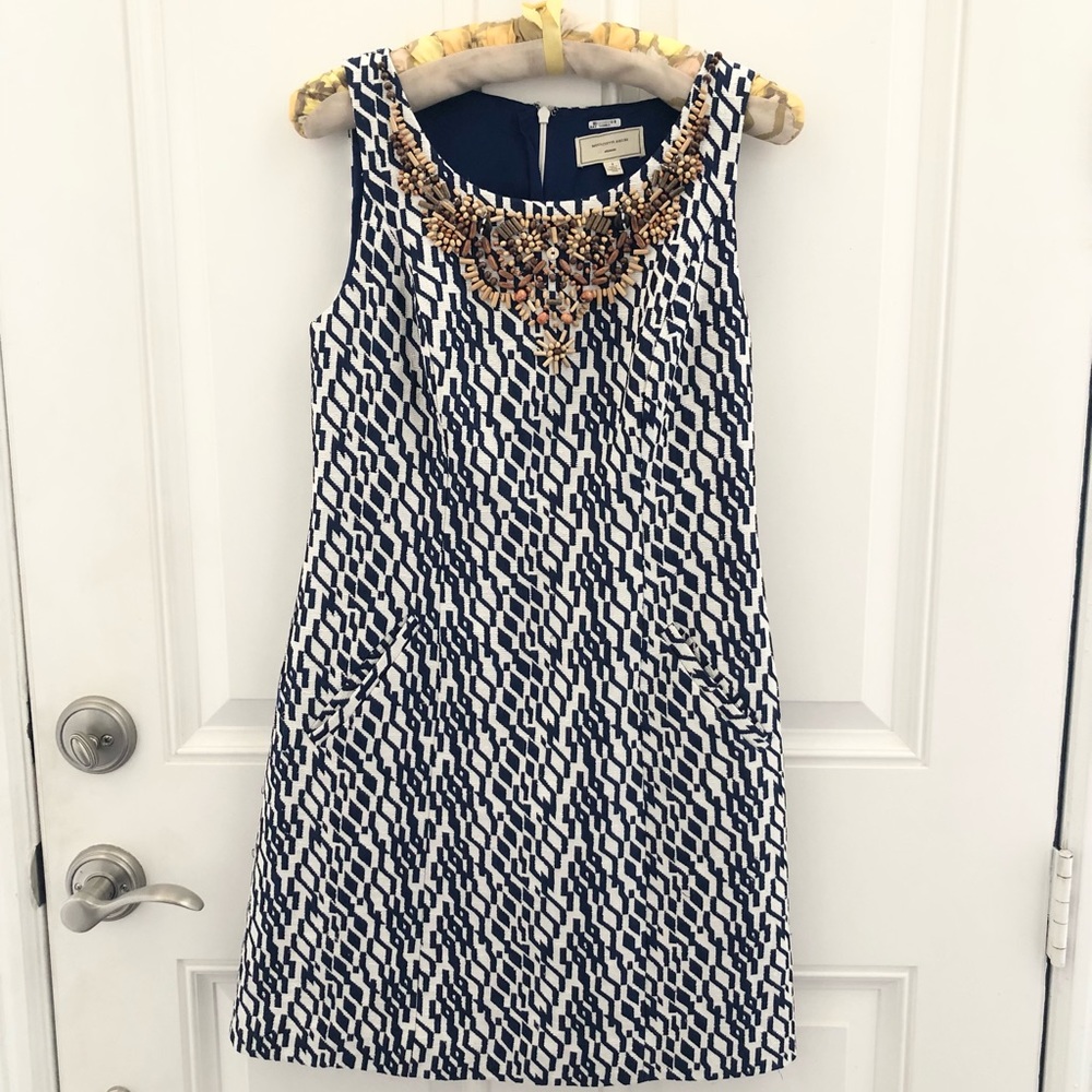 Anthropologie Moulinette Soeurs Beaded Neckline Dress Navy and White Size 2